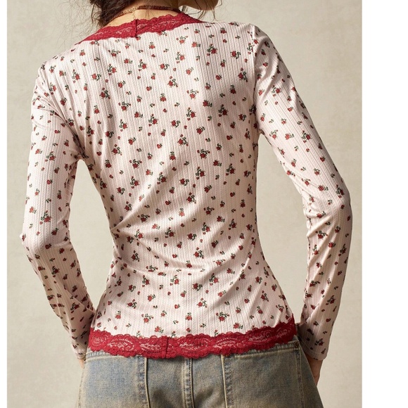 Boho Floral Print Lace Trim Ribbed Button Down Fitted Top - Picture 5 of 5